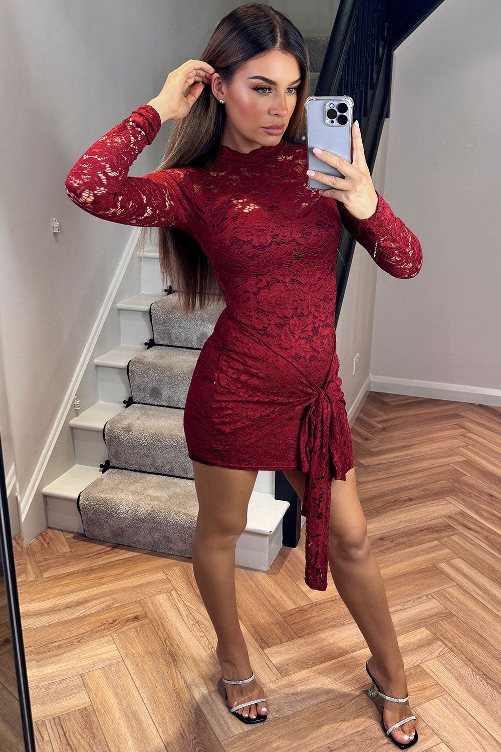 long sleeve burgundy red lace dress with tie knot front going out christmas party new year outfit