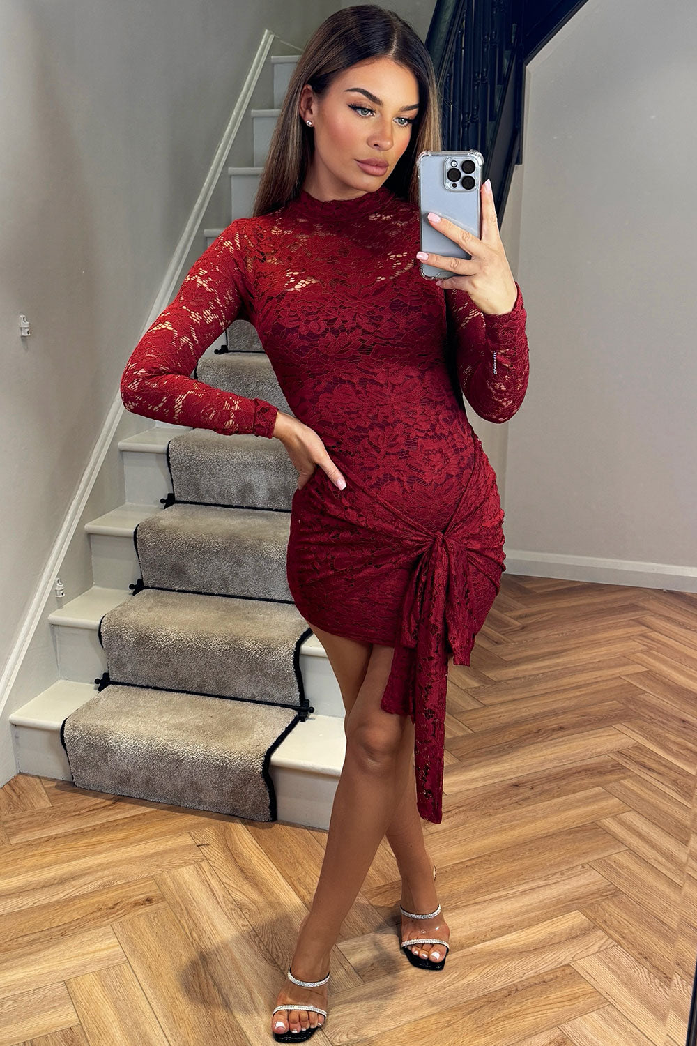burgundy lace dress with long sleeves christmas party new year going out valentine outfit