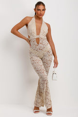 plunge neck lace jumpsuit with skinny flare legs
