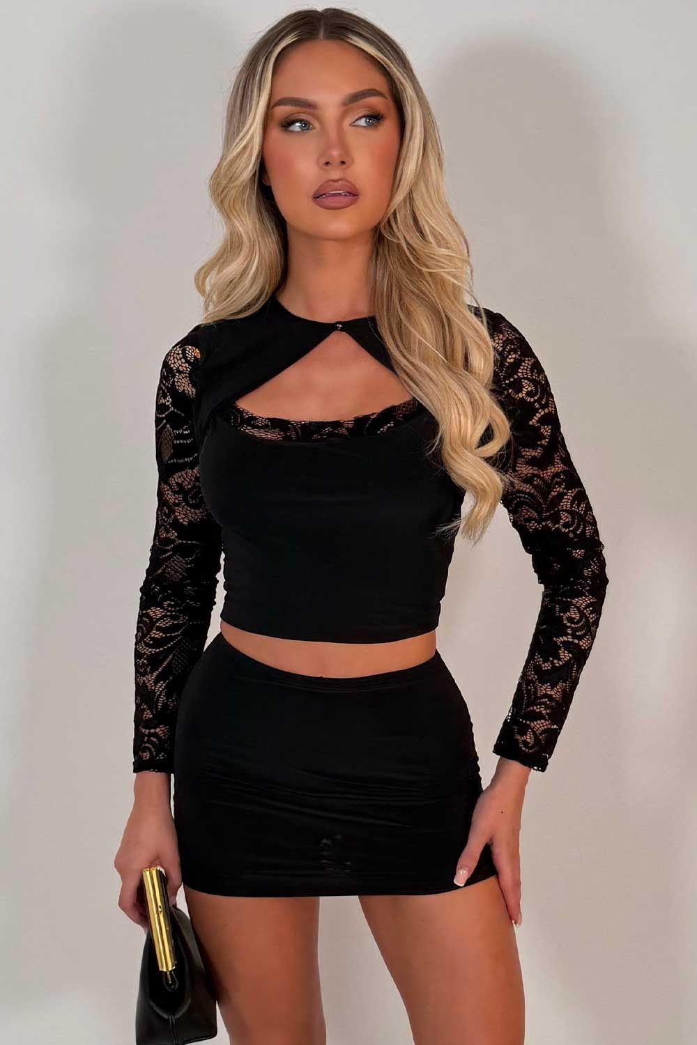 black cut out crop top and mini skirt two piece co ord set styledup uk