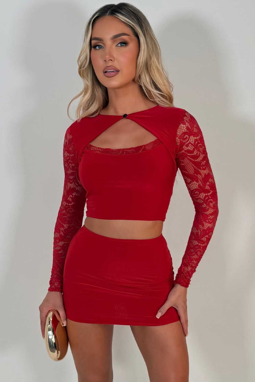 red cut out crop top and mini skirt two piece co ord set styledup uk
