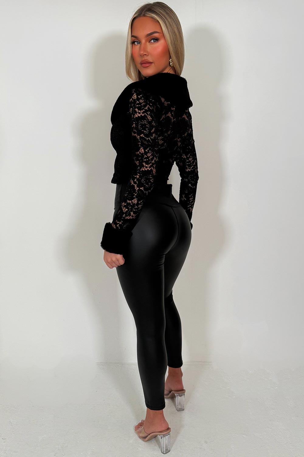 fur collar and cuff long sleeve lace top with plunging neckline styledup