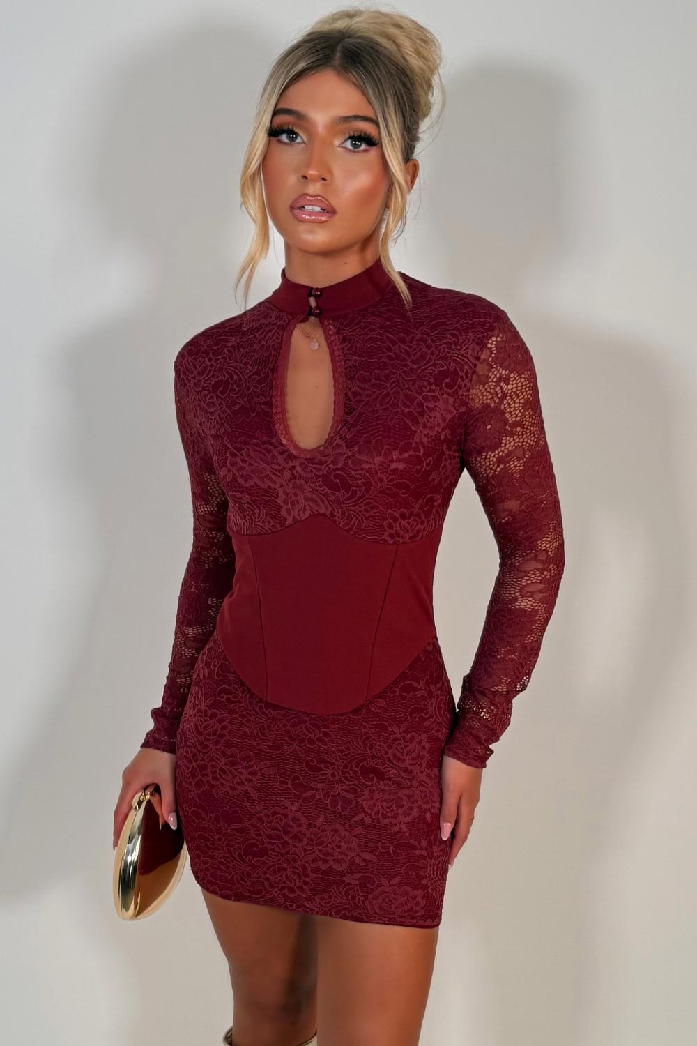 burgundy lace long sleeve mini dress with corset detail cut out front night out christmas party outfit styledup uk