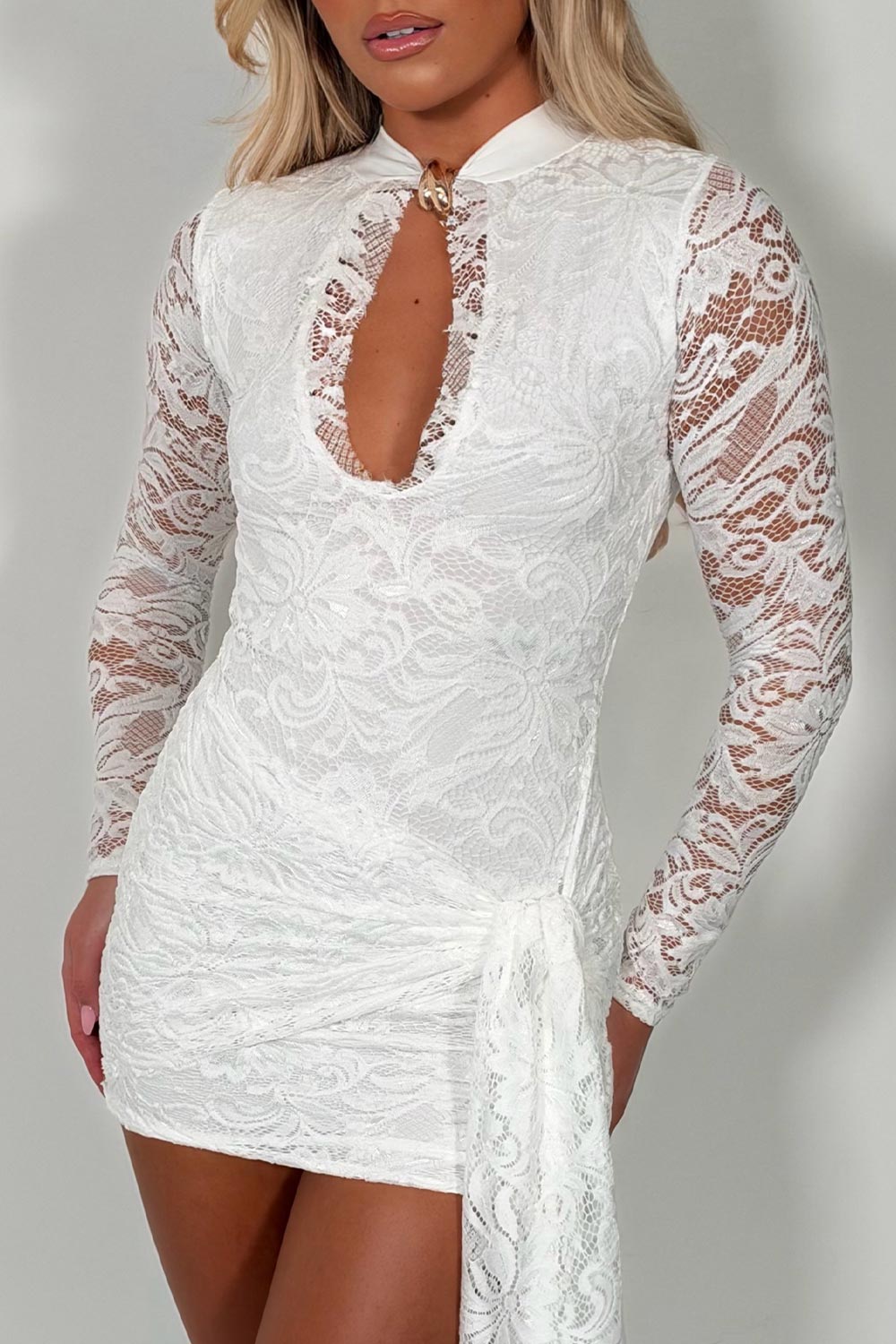 gold buckle cut out front long sleeve lace mini dress styledup uk