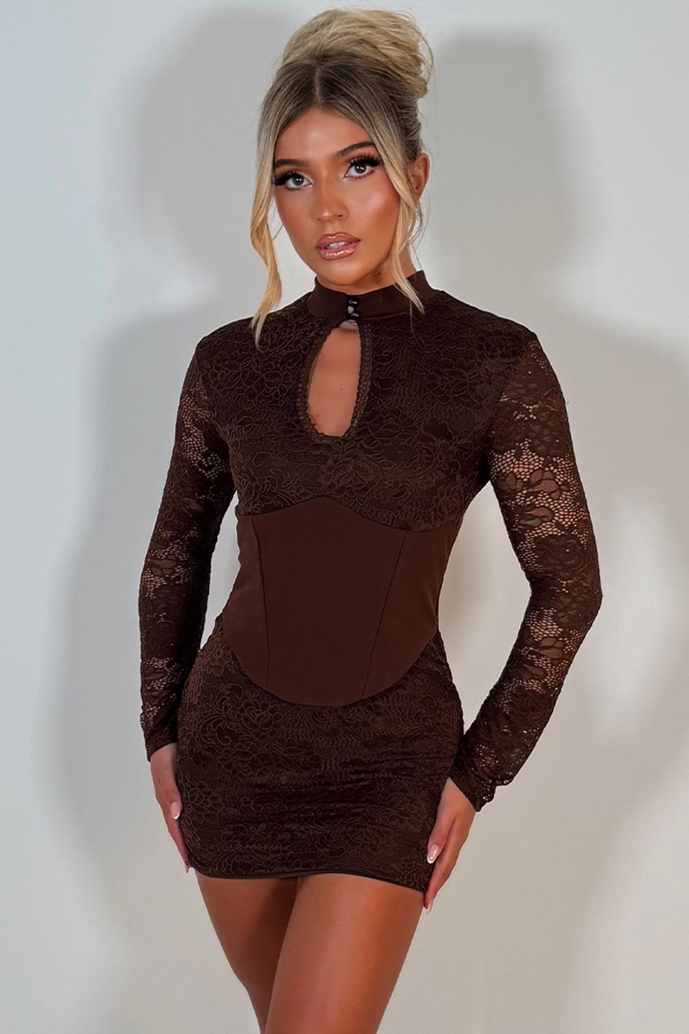 long sleeve lace mini dress with corset detail date night christmas party outfit styledup uk