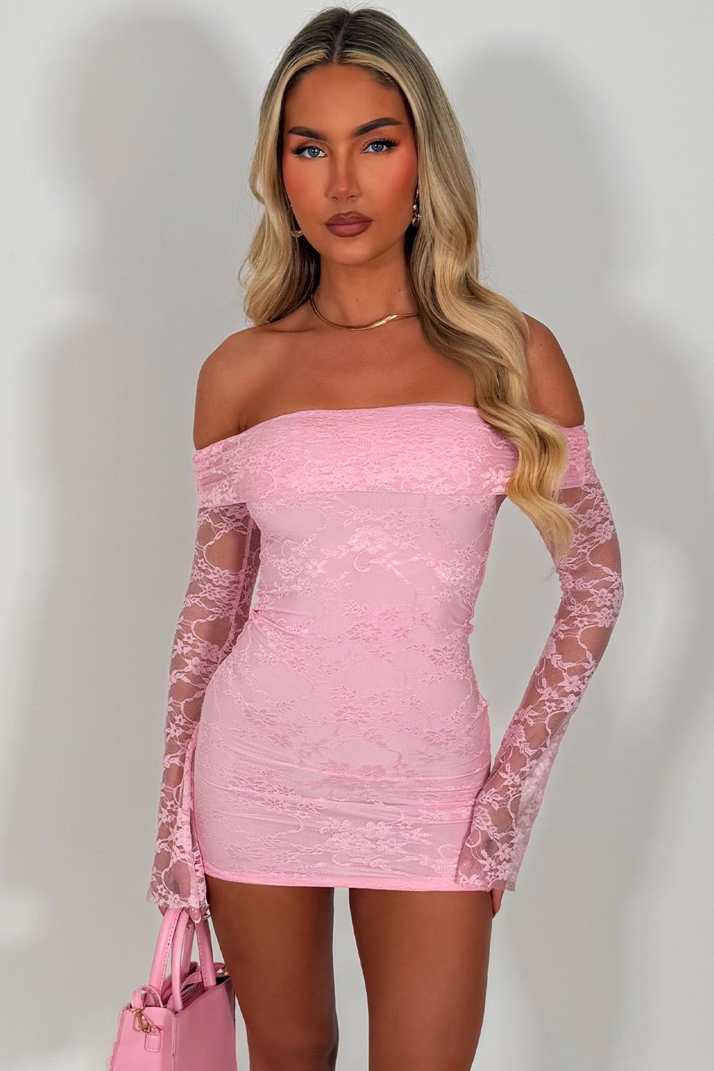 pink long sleeve off shoulder lace dress festival summer holiday outfit uk