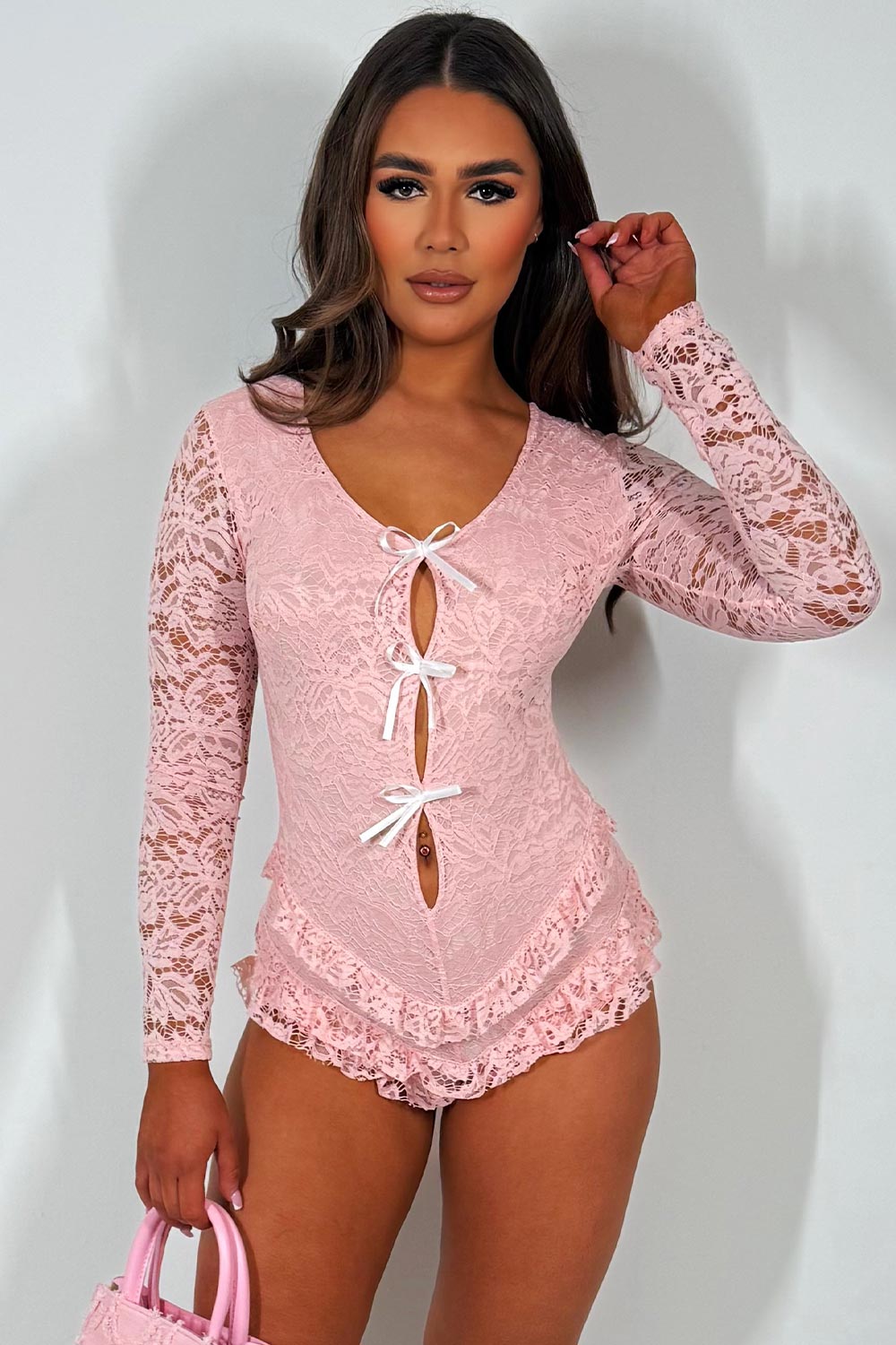 long sleeve lace frilly ruffle bloomer playsuit with cut out front bow detail festival holiday outfit styledup fashion
