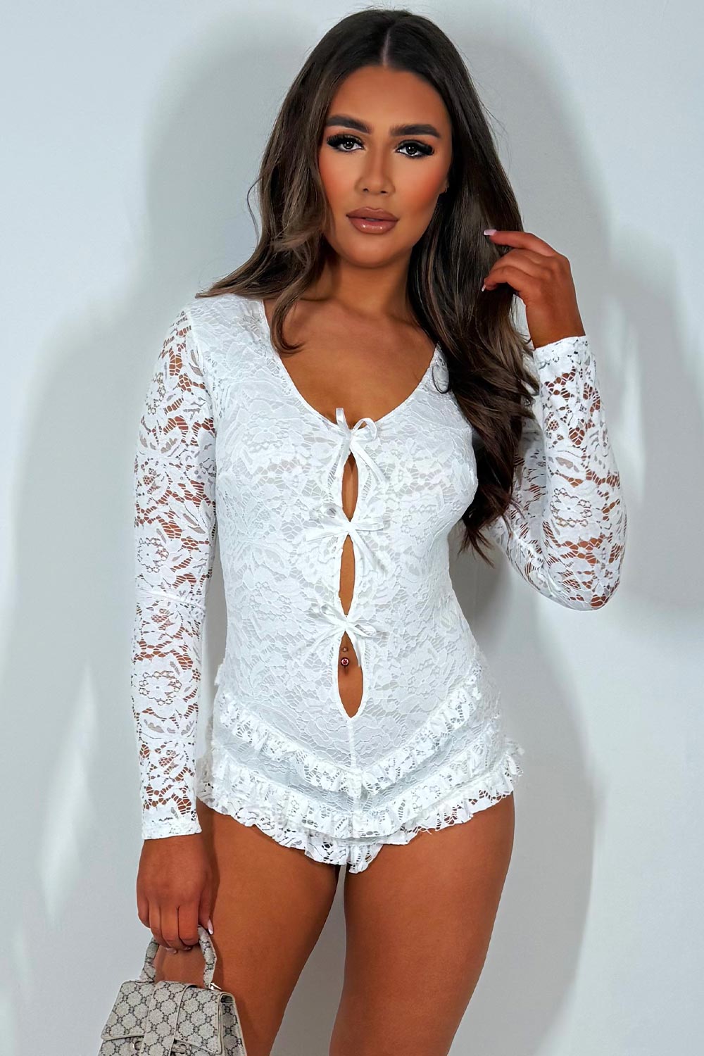 long sleeve lace frilly ruffle bloomer playsuit with cut out front bow detail festival holiday outfit styledup fashion