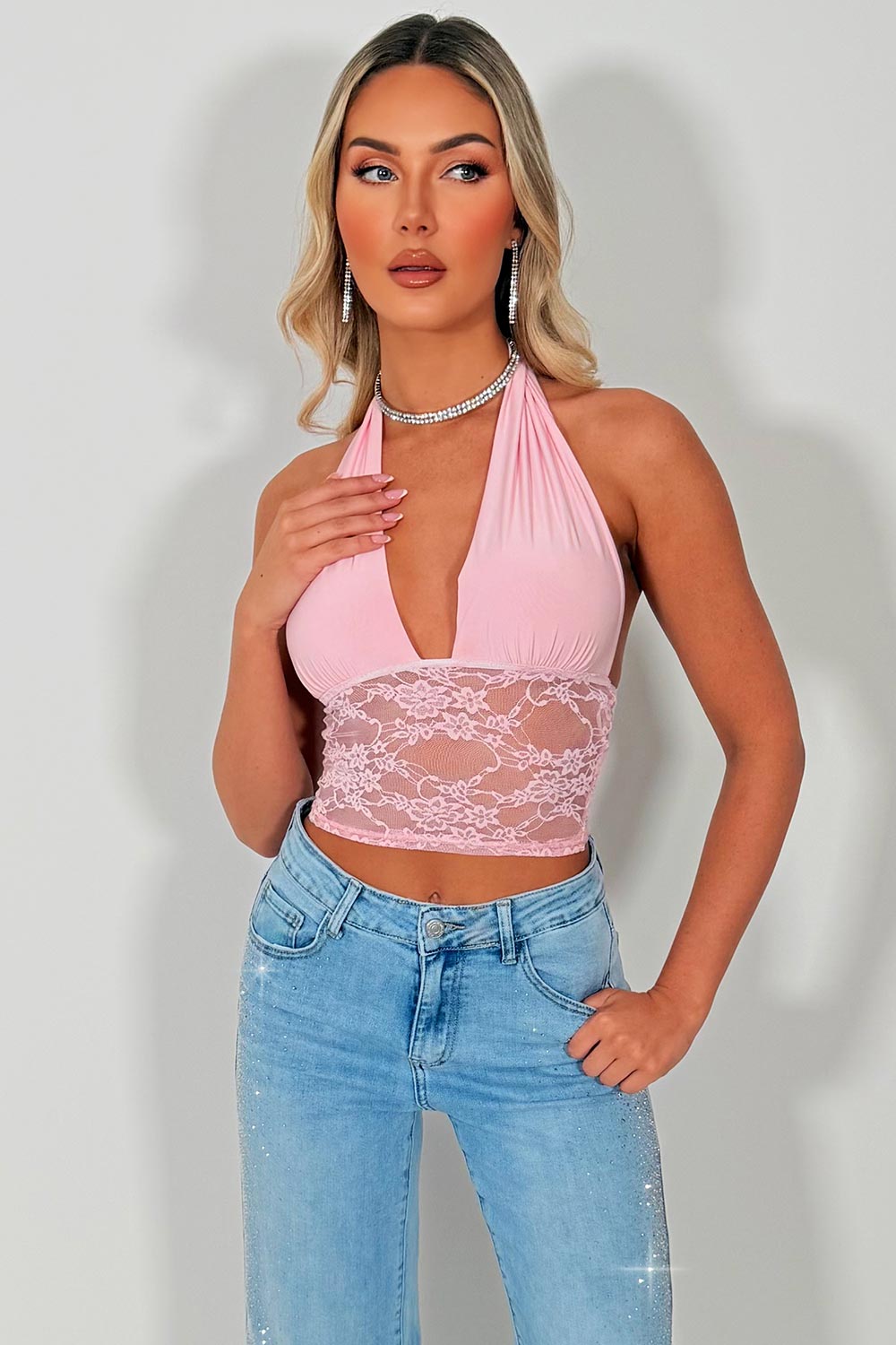 lace hem plunge halter neck crop top styledup going out out party top