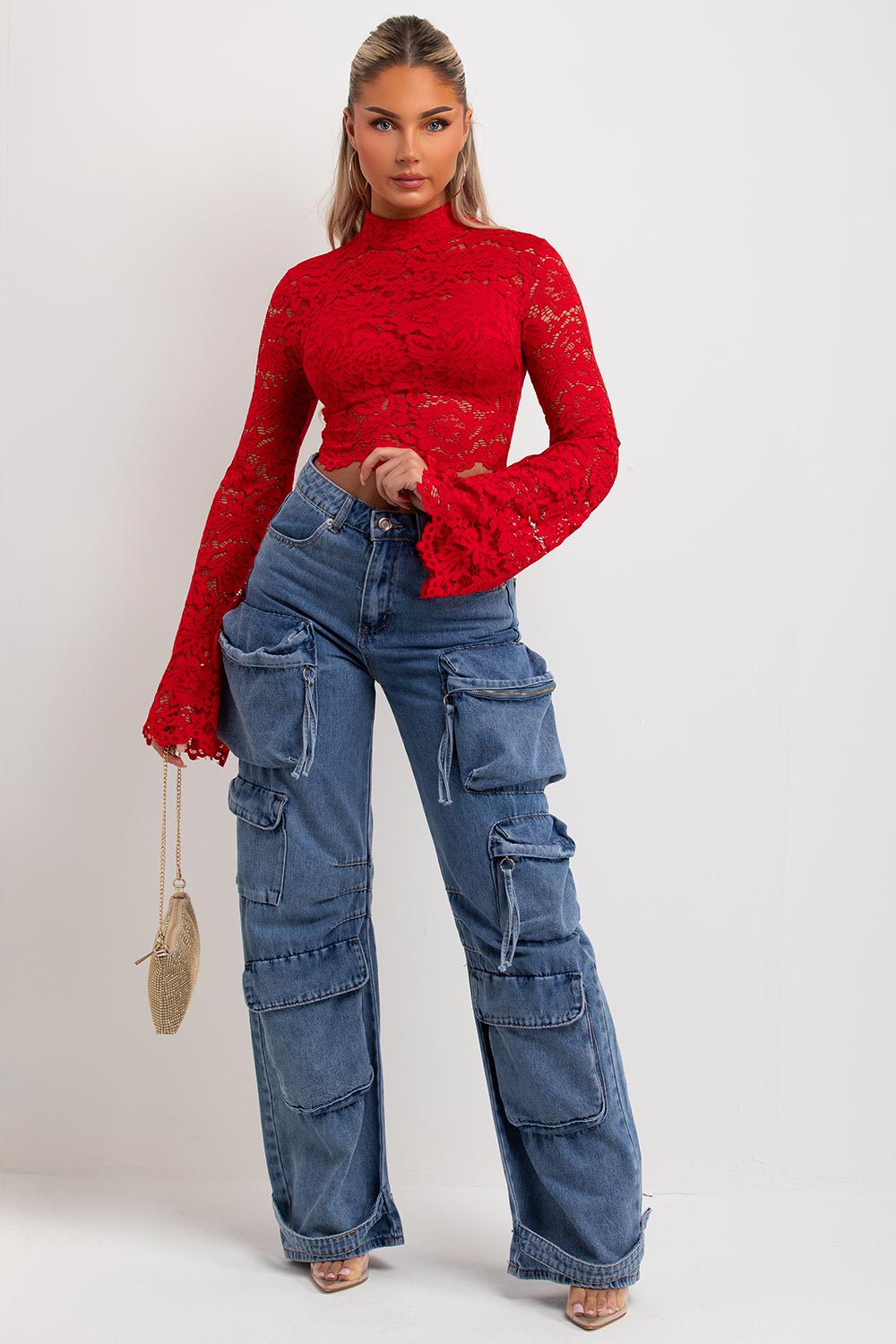 flare long sleeve lace top