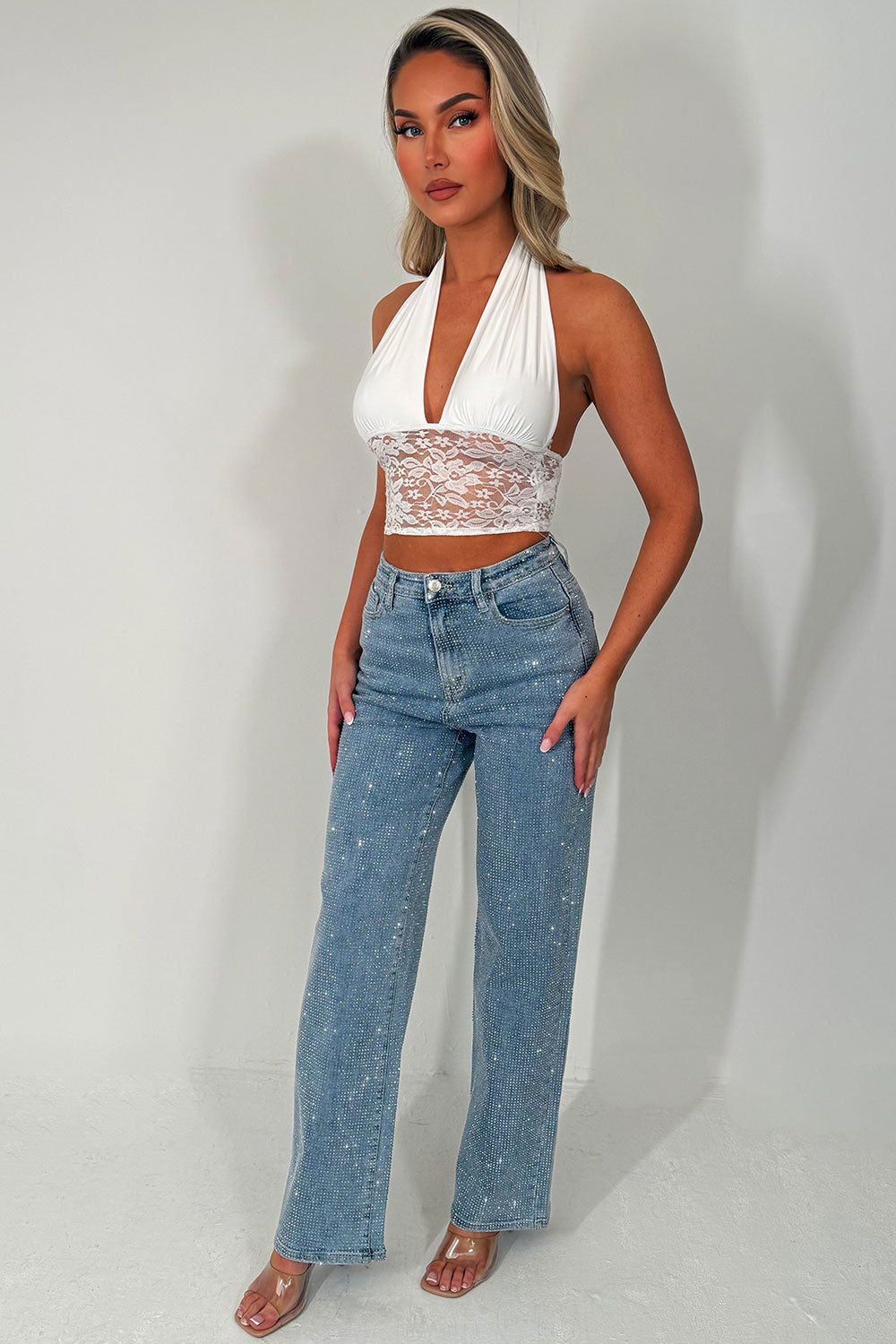 halter plunge neck crop top with lace hem styledup