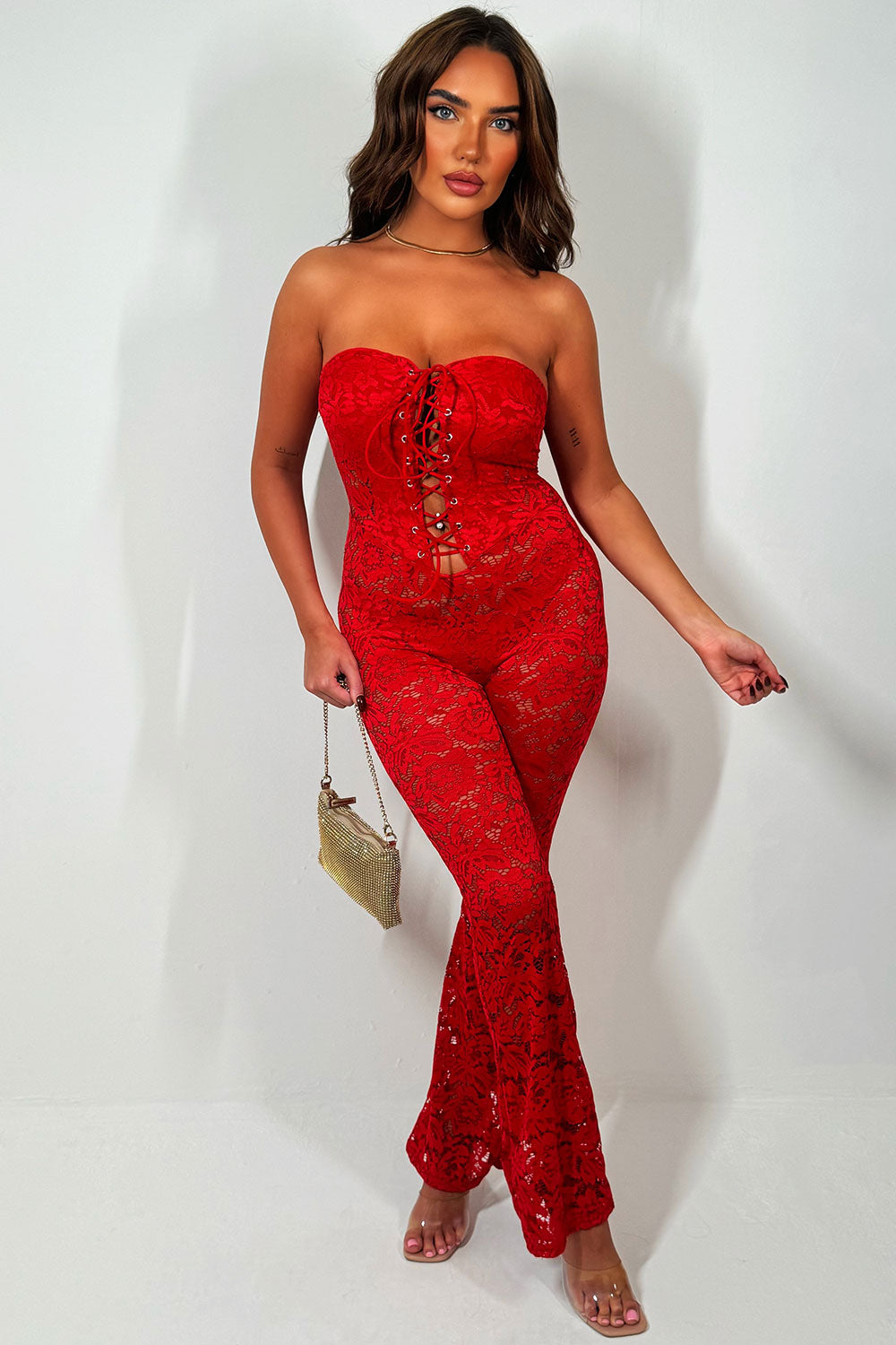 red skinny flared leg lace jumpsuit festival going out christmas party outfit