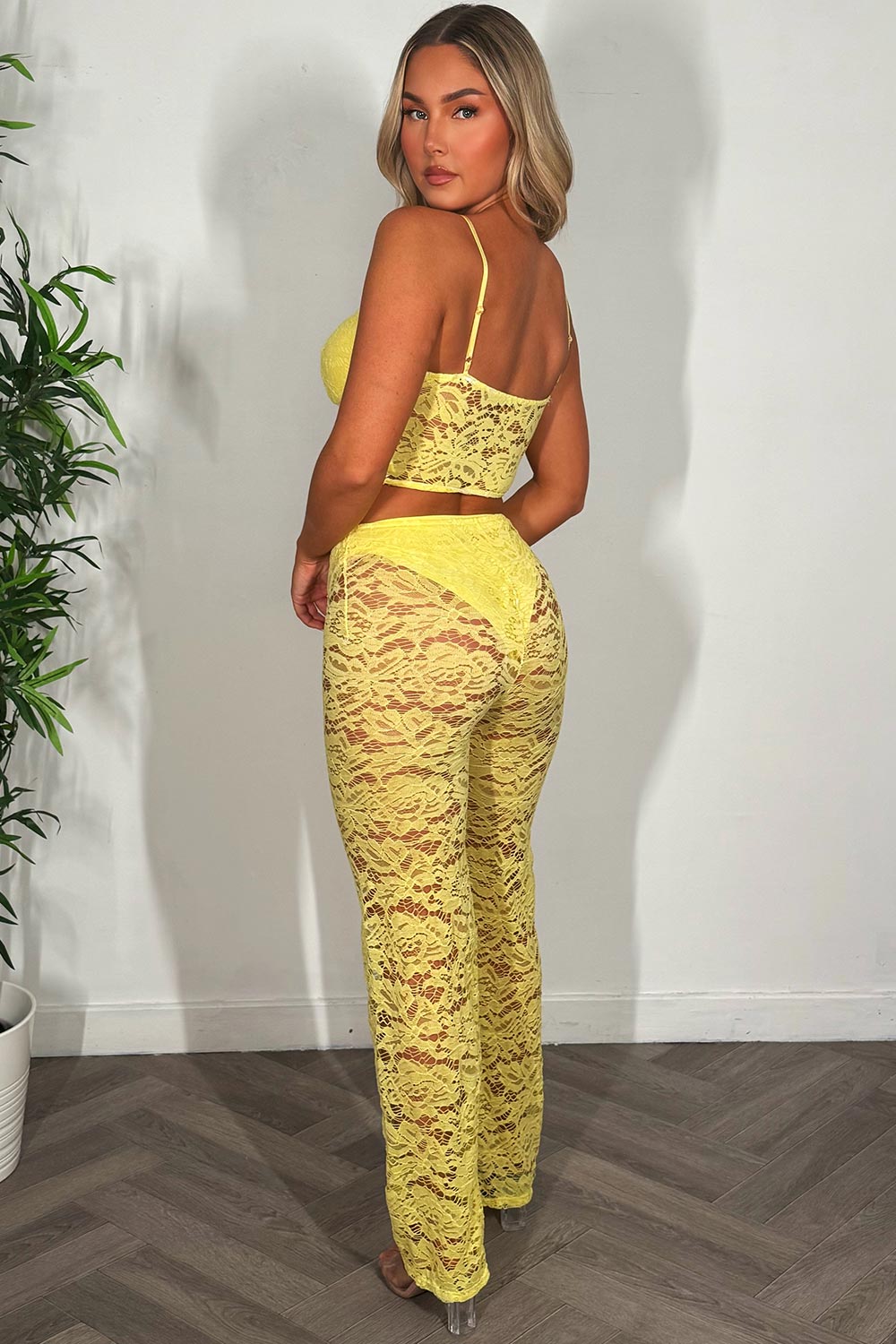 womens skinny flared leg high waist lace trousers and top co ord set festival holiday outfit styledup