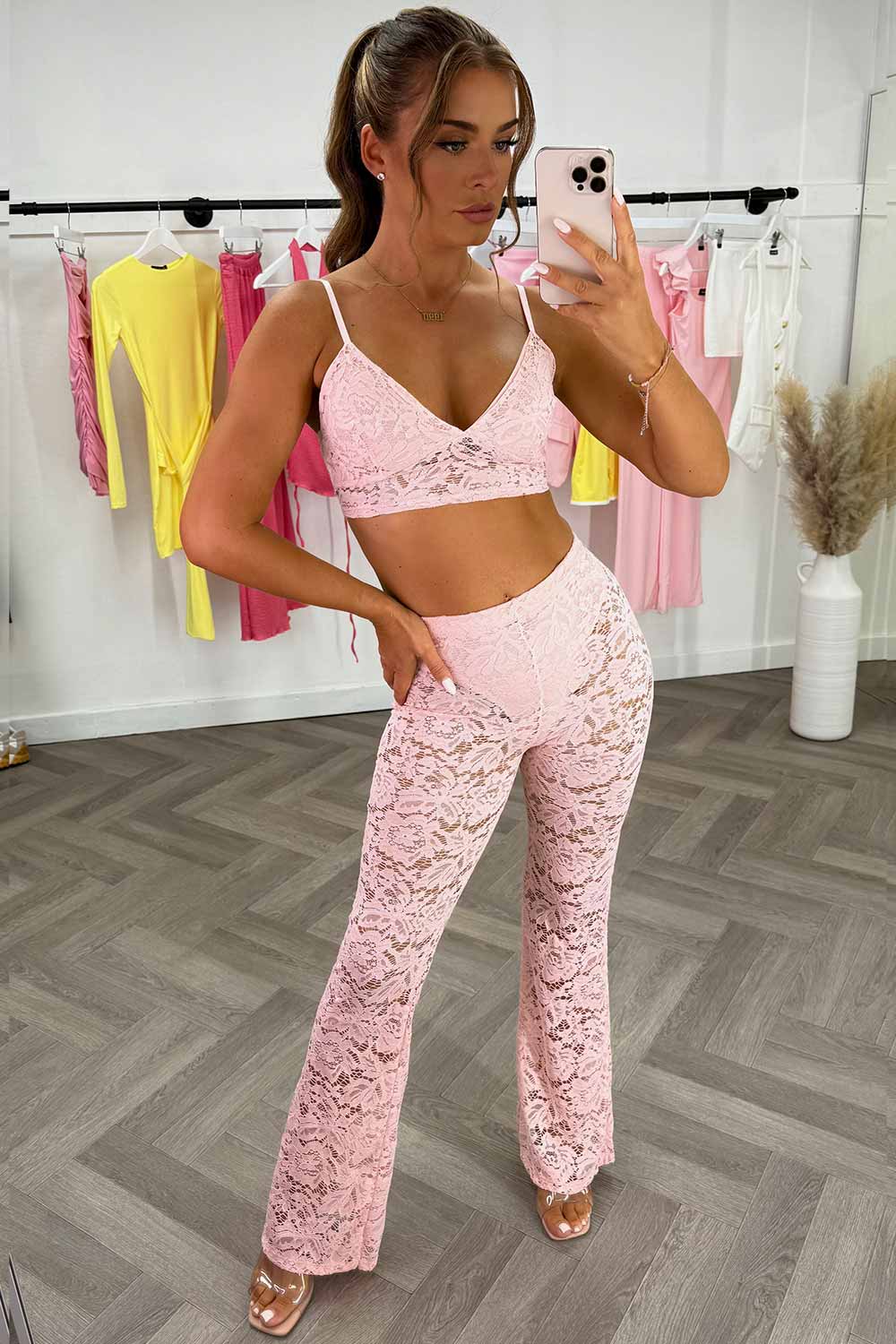 high waist flared lace trousers and top co ord set black styledup