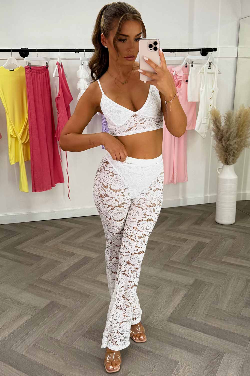 white high waist lace trousers and top co ord set festival outfit styledup fashion