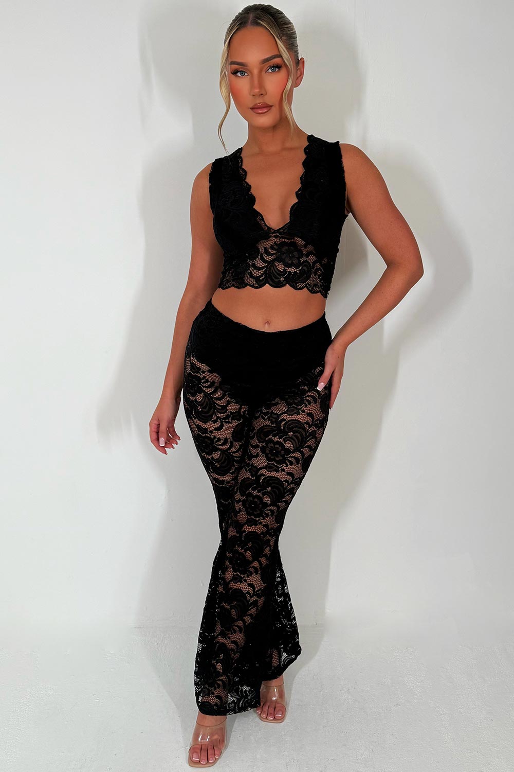 womens festival lace trousers and top co ord set black hen do outfit