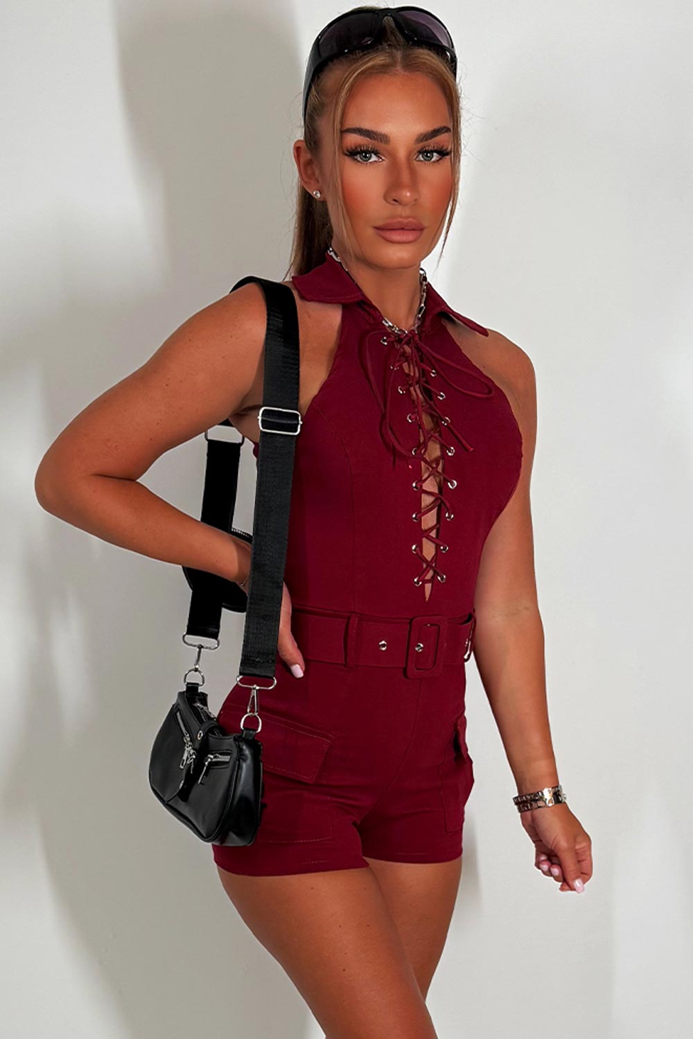 rave festival cargo playsuit with lace up front and belt christmas party outfit