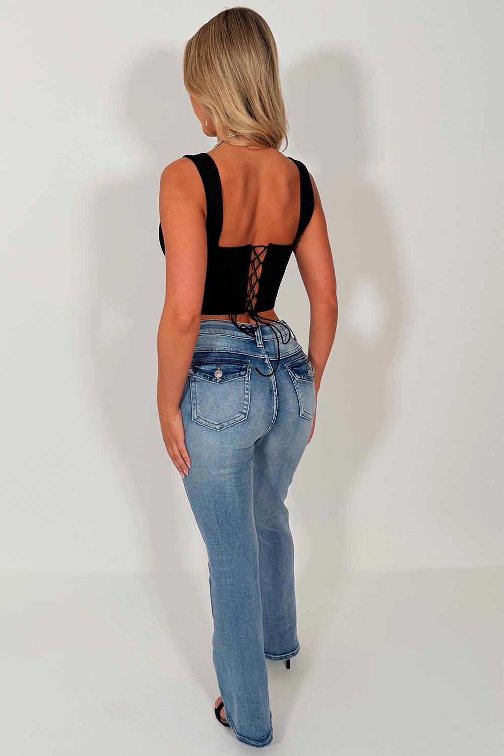 black corset crop top with tie up back going out festival party top styledup uk