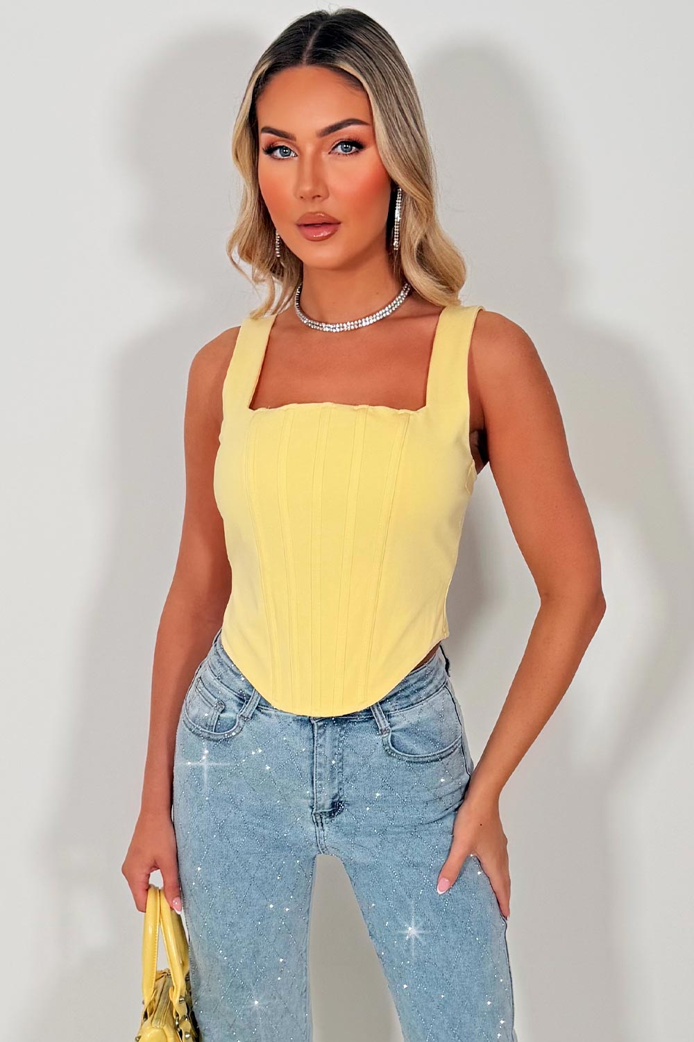 yellow corset crop top with tie up back going out festival party top styledup uk