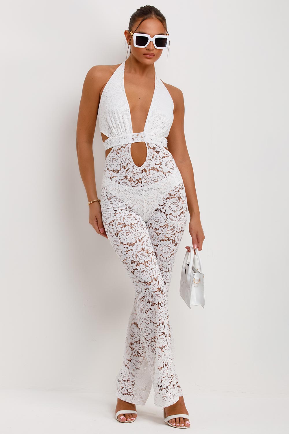 skinny flare leg lace jumpsuit white