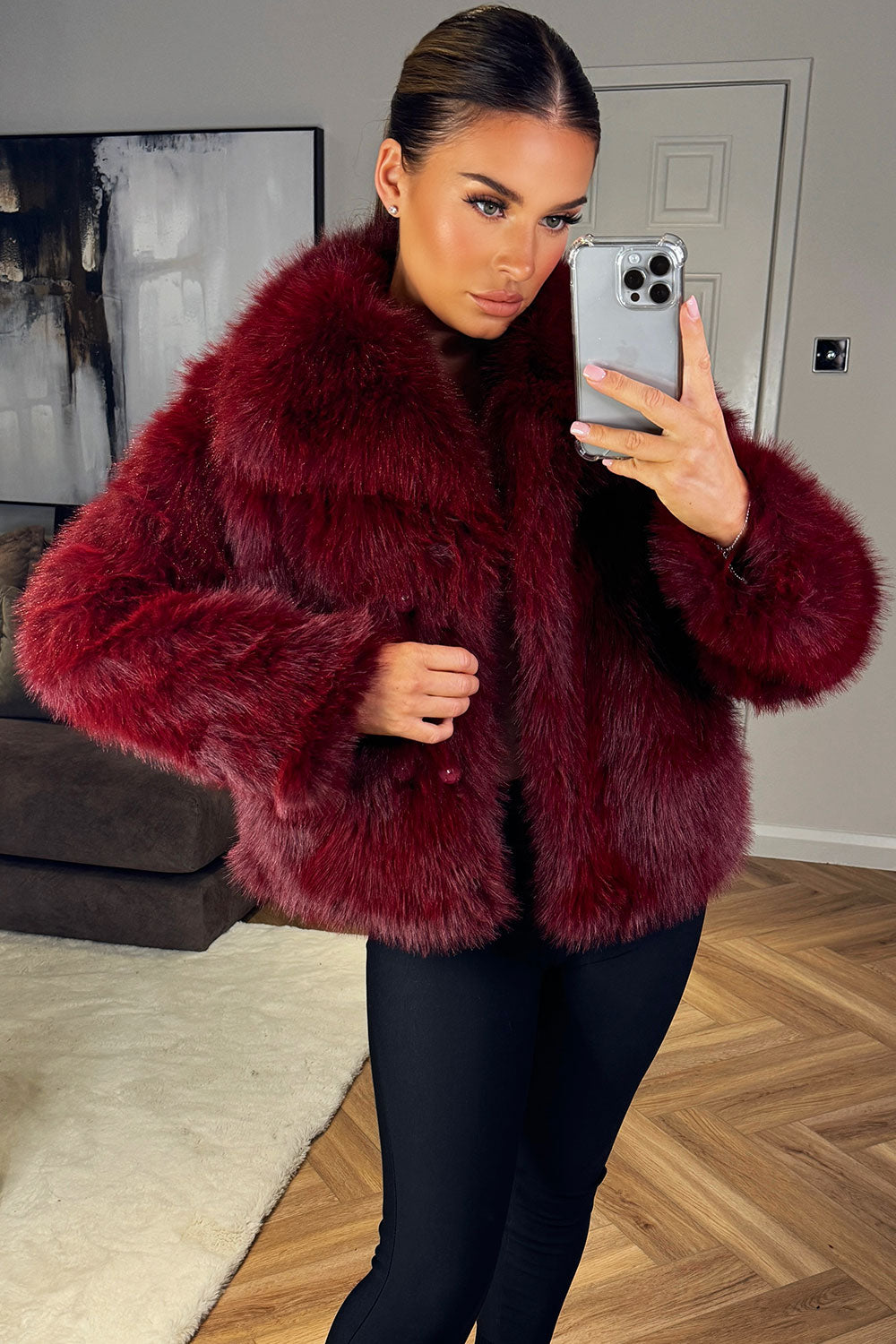 faux fur jacket womens styled up burgundy red