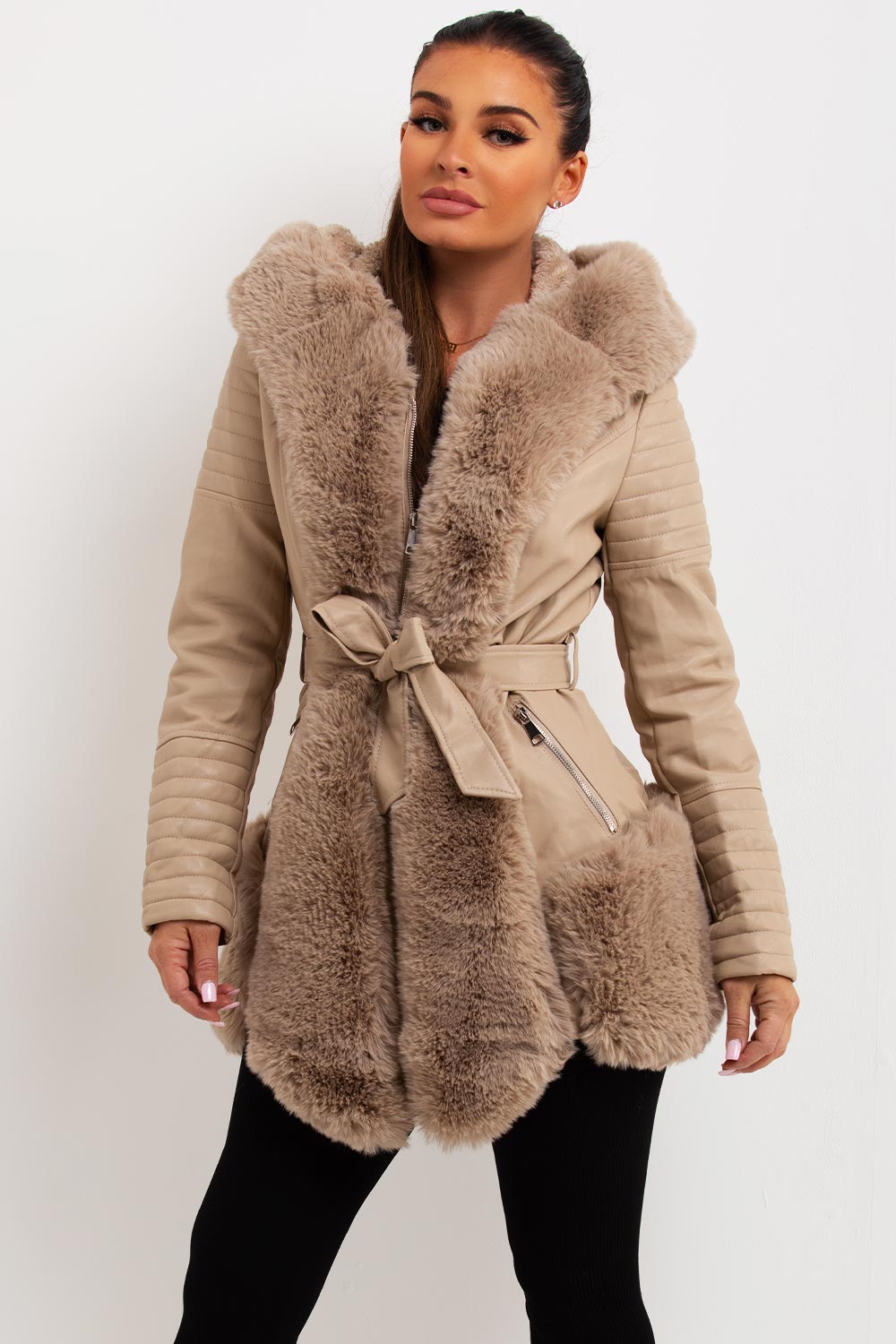 womens faux fur panels faux leather hooded jacket