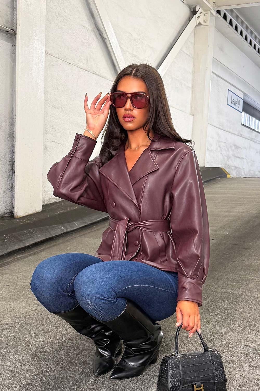 womens burgundy faux leather jacket with lapel collar double breasted styledup uk