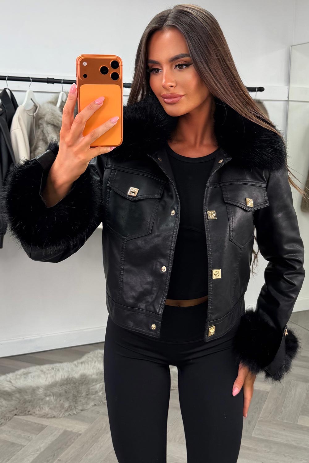 womens faux leather faux fur cuff winter jacket with gold buttons styledup uk