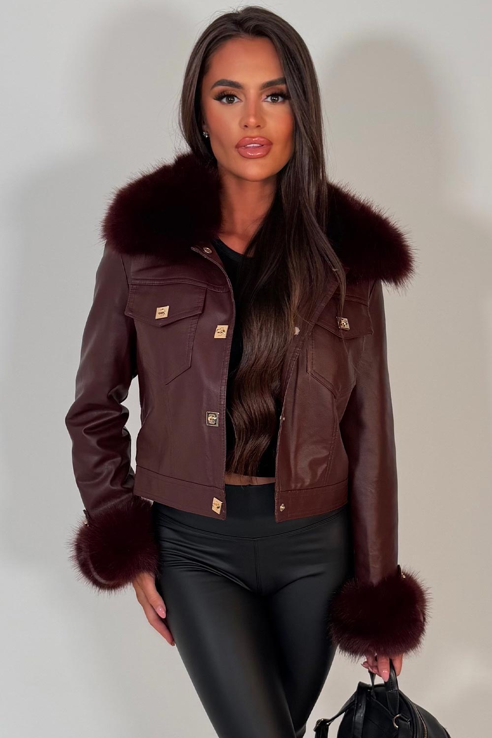 faux fur cuff faux fur collar faux leather bomber jacket with gold buttons for womens styled up