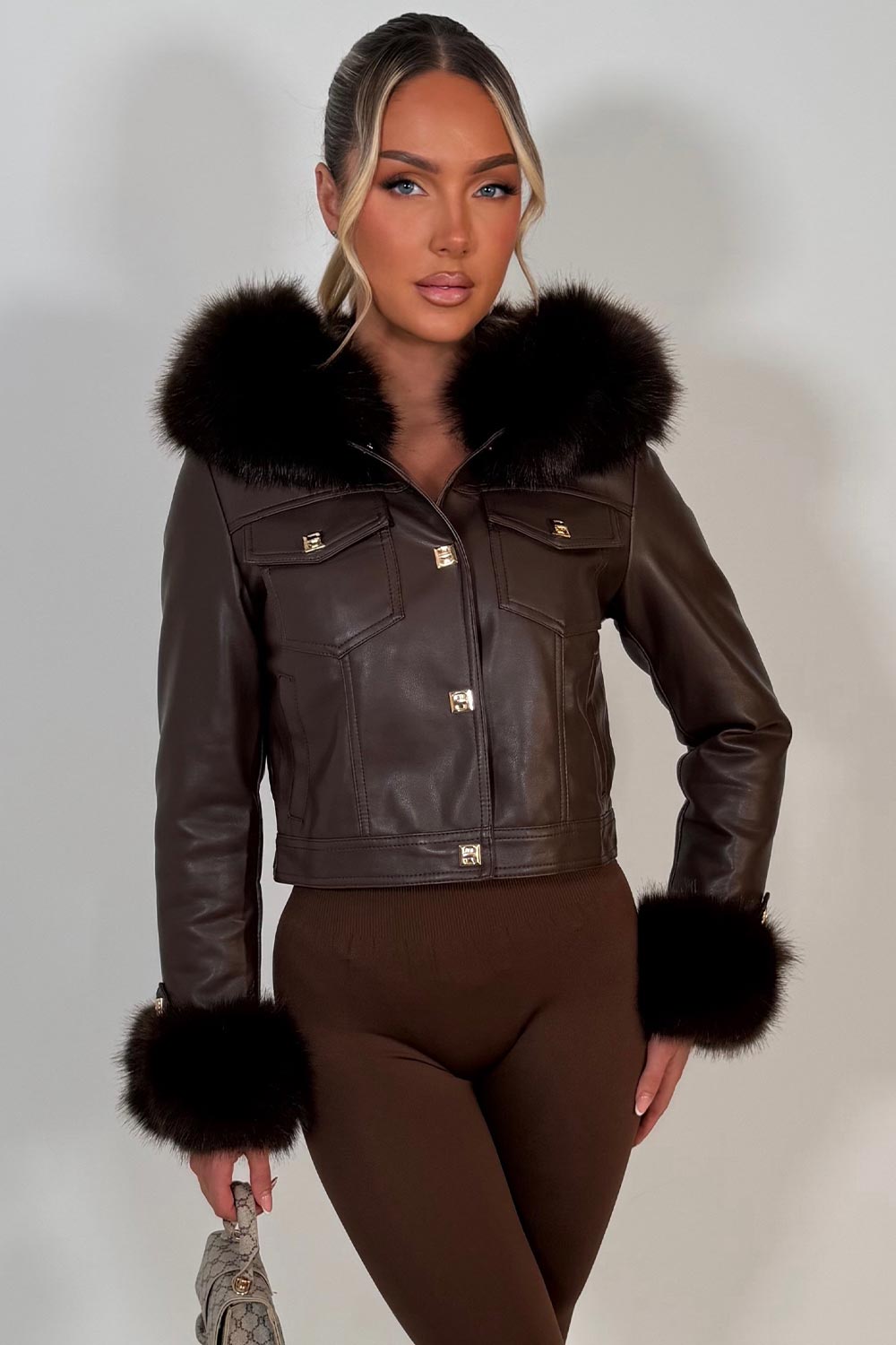 brown faux fur hood faux leather jacket with gold buttons styledup uk