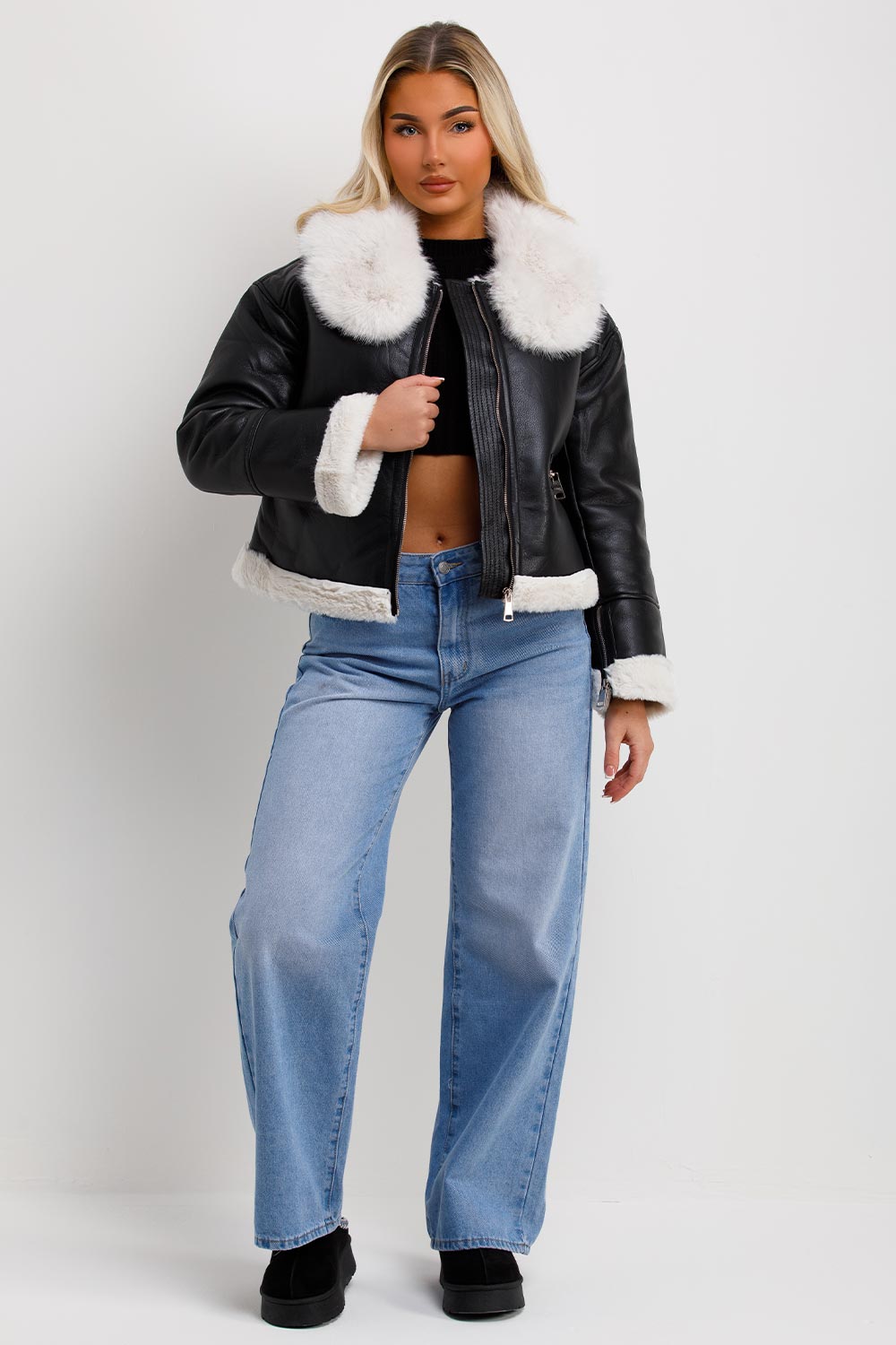 faux fur collar crop aviator jacket womens