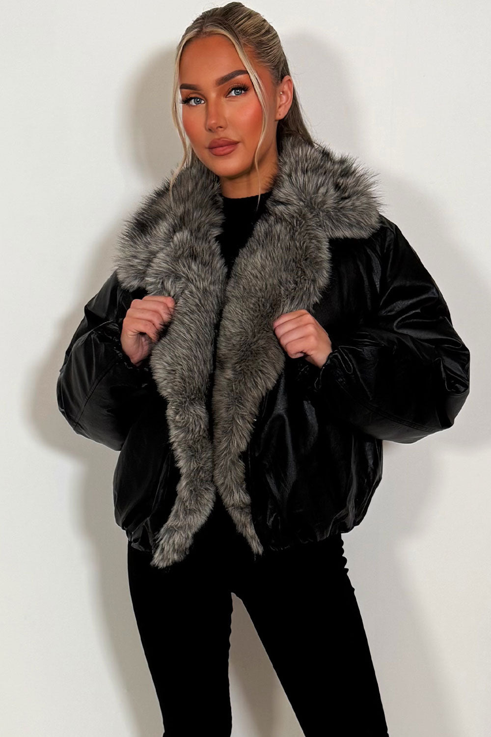 Black Bomber Jacket With Faux Fur Collar And Trim