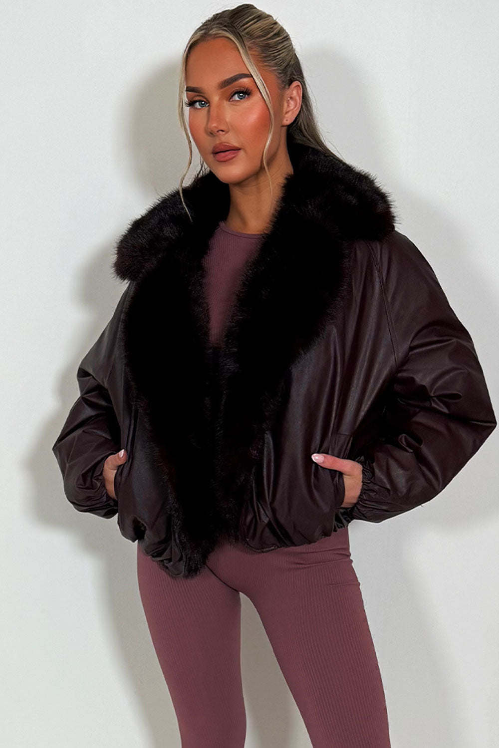 fur collar bomber jacket long sleeves womens
