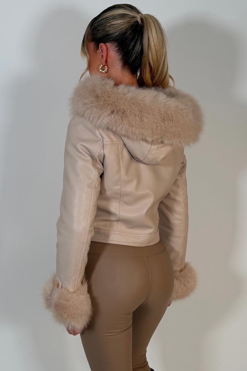 faux leather jacket with faux fur hood gold buttons styledup uk