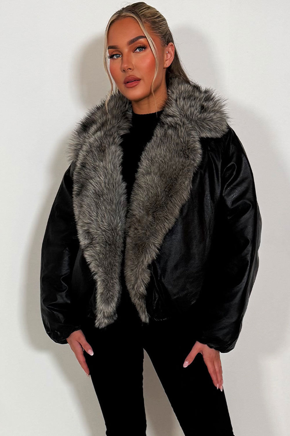 Black Bomber Jacket With Faux Fur Collar And Trim