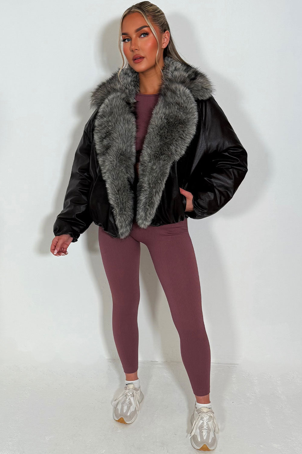 fur collar bomber jacket long sleeves womens