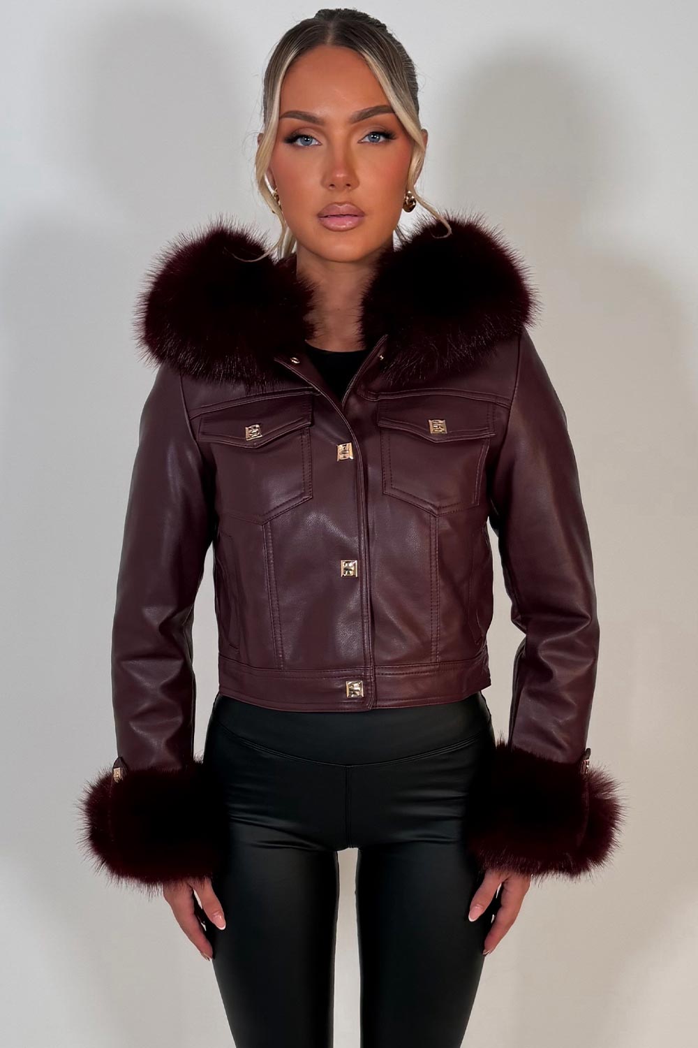 burgundy fur hood faux leather jacket with gold buttons styledup uk