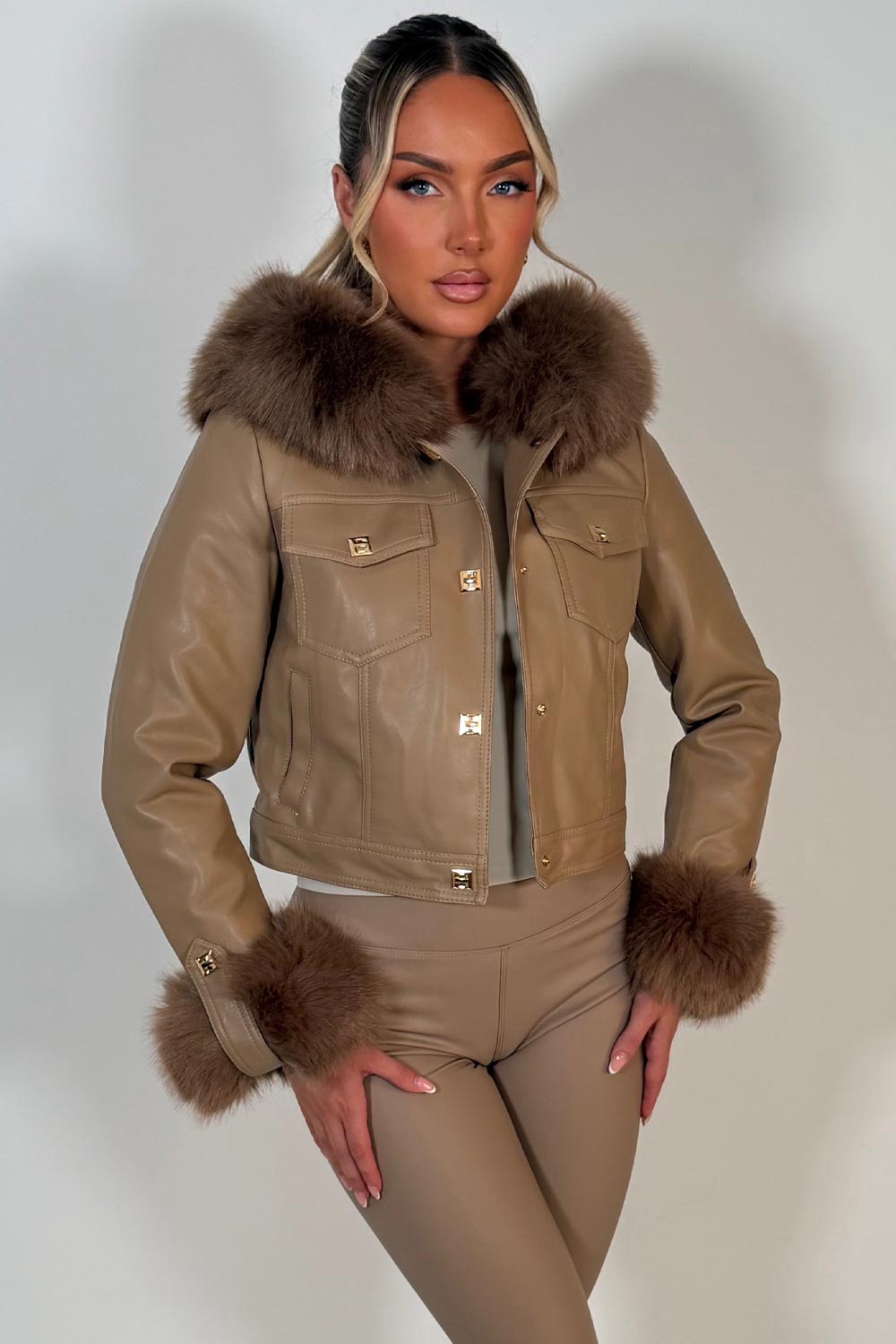 faux leather faux fur hood jacket with gold buttons styledup uk