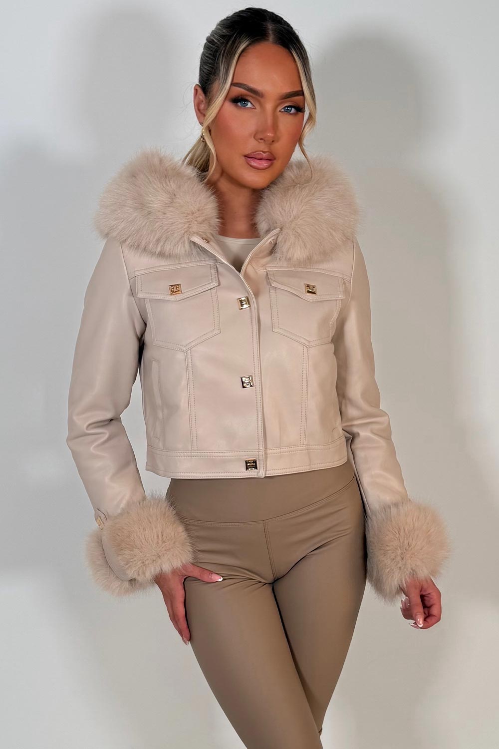 faux leather faux fur hood jacket with gold buttons styledup uk