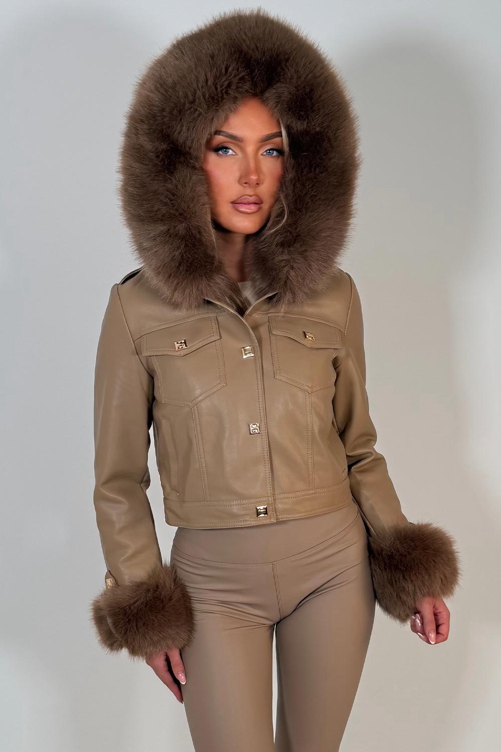 womens faux fur hood fau leather bomber jacket with gold buttons christmas party night out outerwear styledup uk