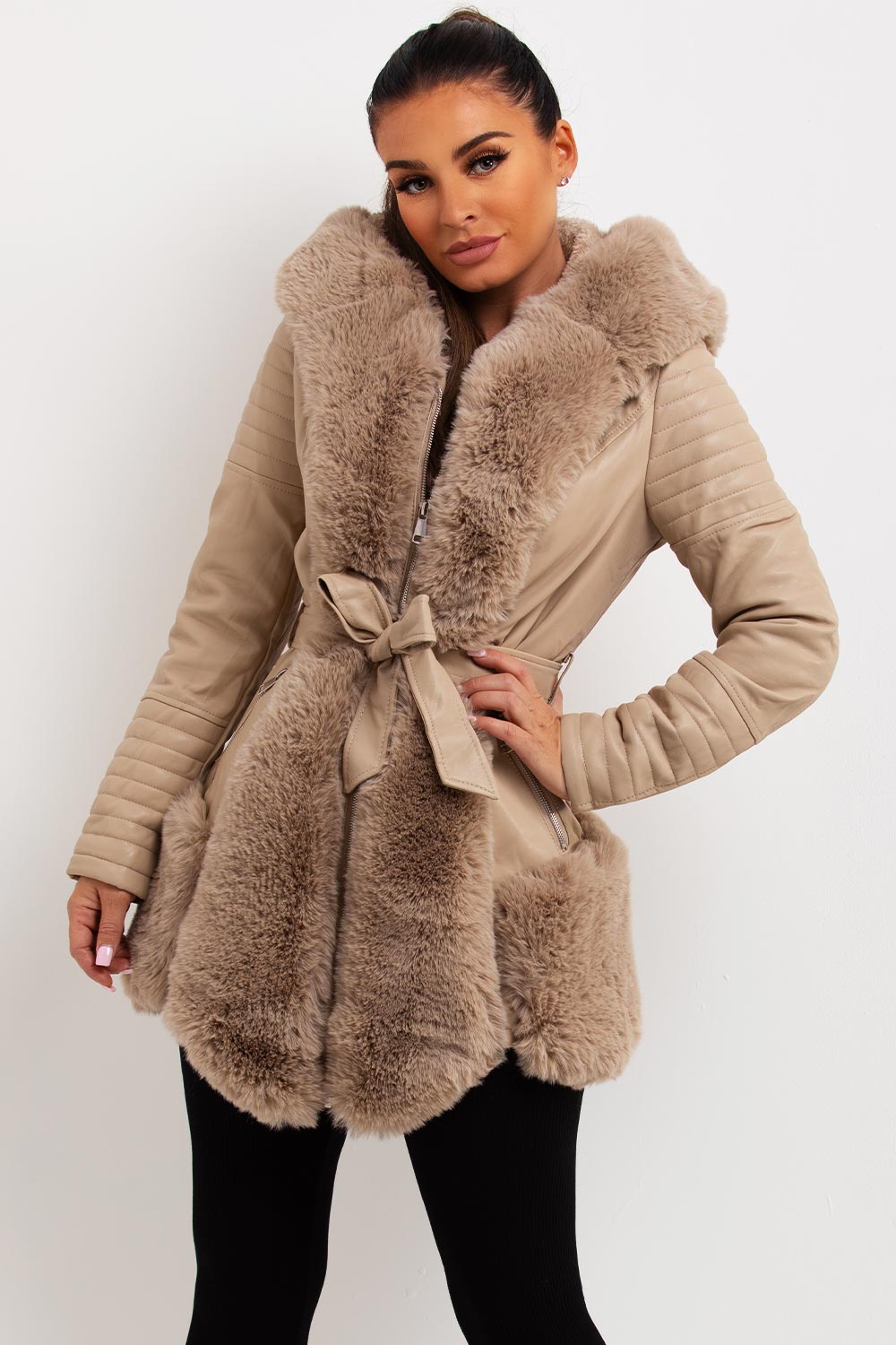 ladies faux leather jacket with faux fur hood