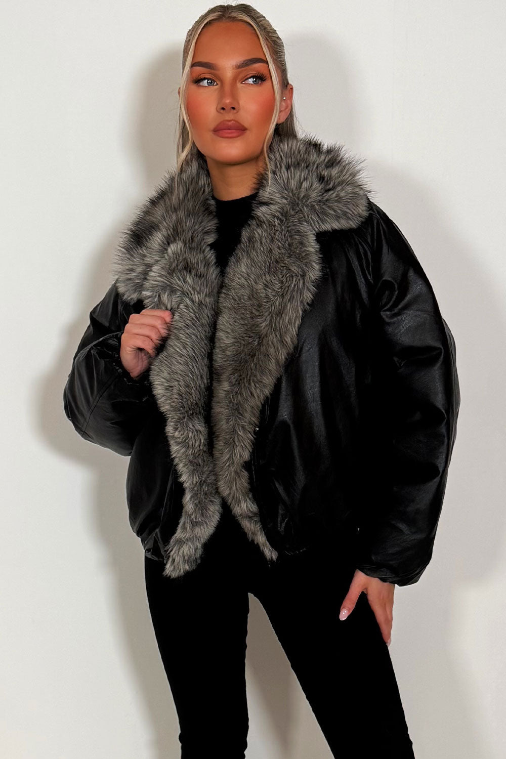 Black Bomber Jacket With Faux Fur Collar And Trim