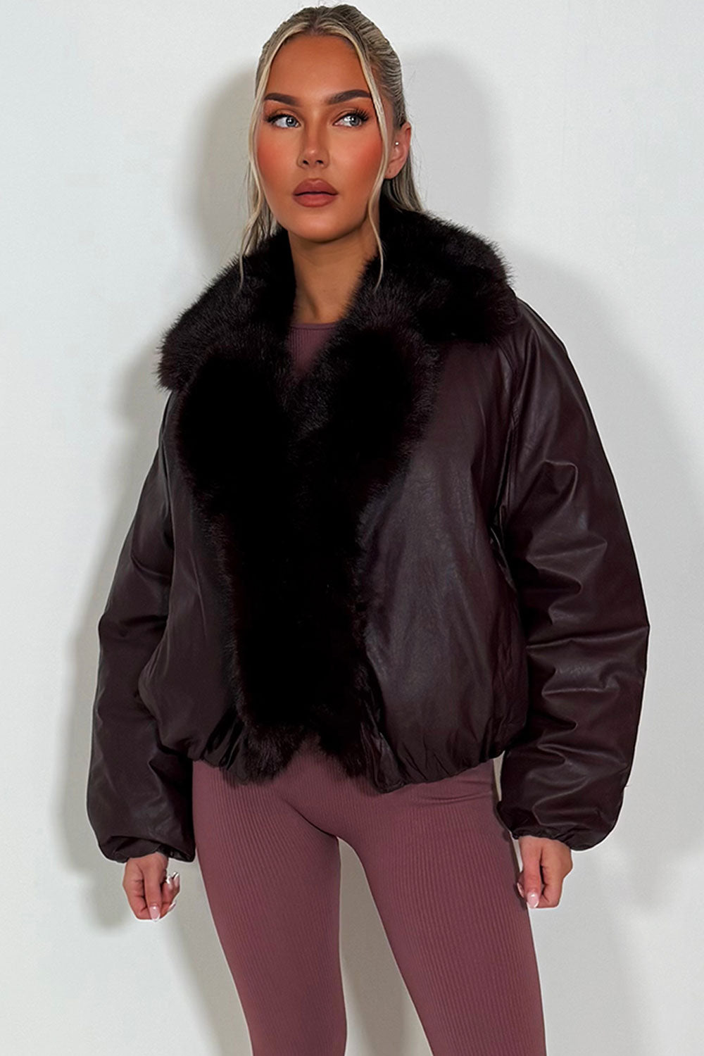 womens burgundy bomber jacket with faux fur collar and trim styledup
