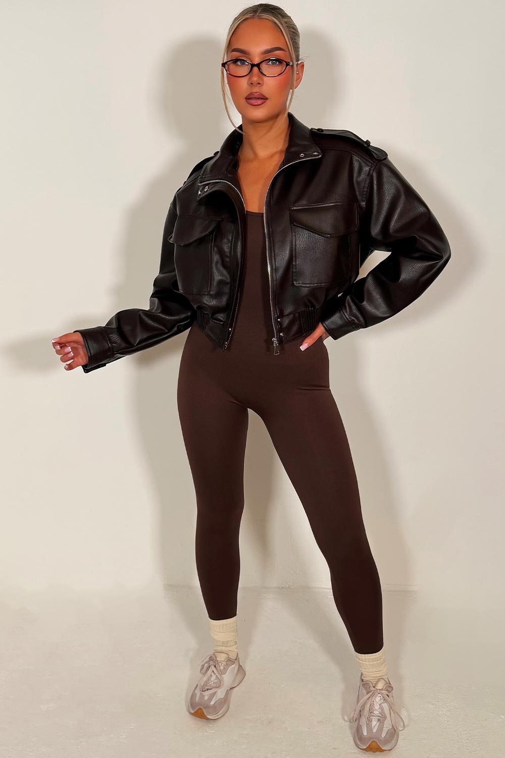 brown faux leather jacket with high collar long sleeves shoulder tabs pockets on front zip fastening styledup zara womens