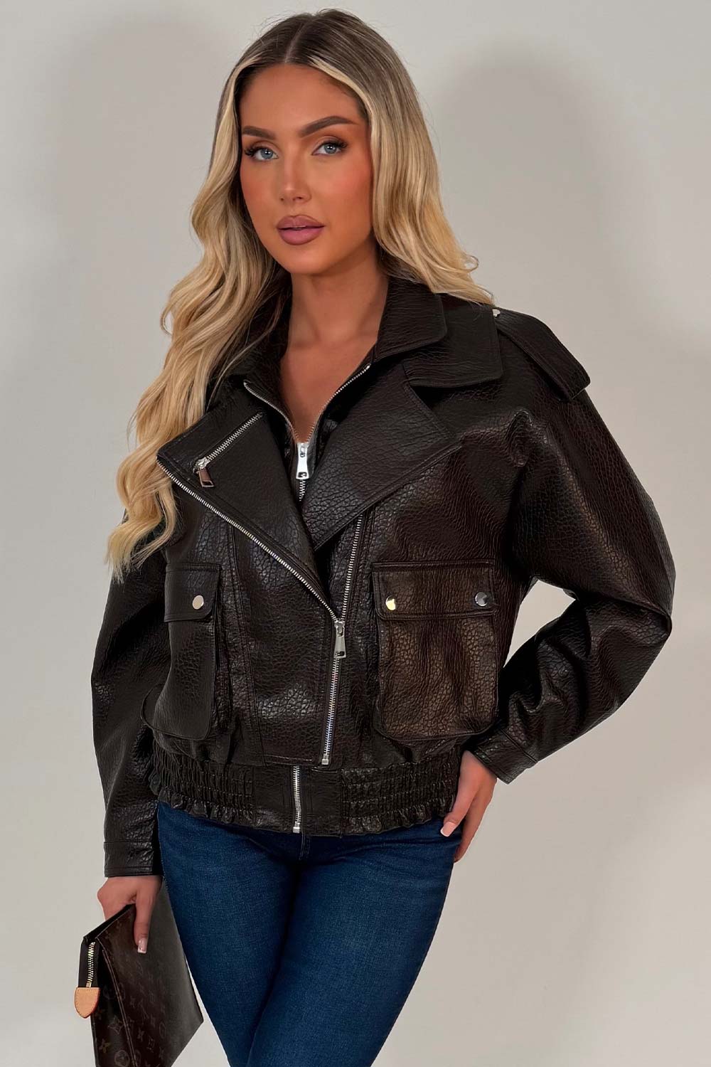 zara womens faux leather aviator jacket brown styledup uk