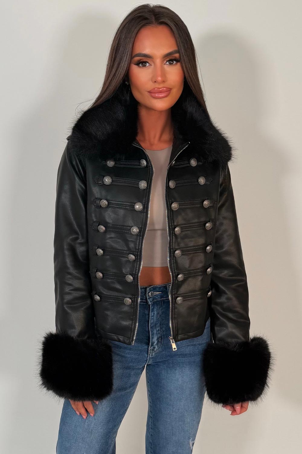womens black faux leather jacket with fur cuff and fur collar styledup uk