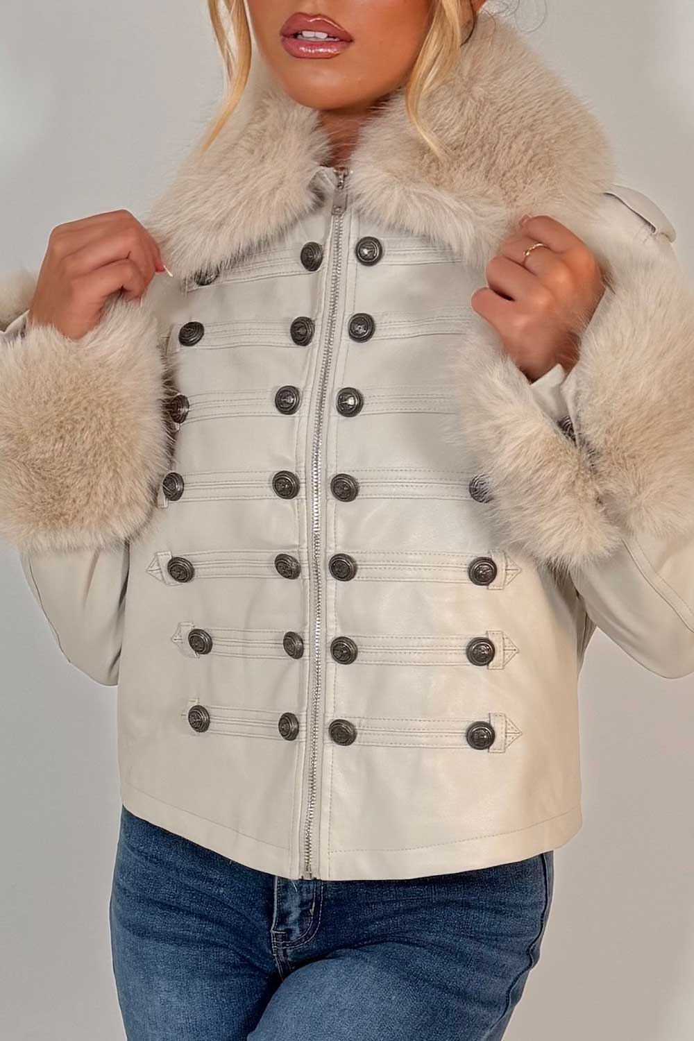 faux fur cuff faux fur collar faux leather jacket with military style buttons styledup uk