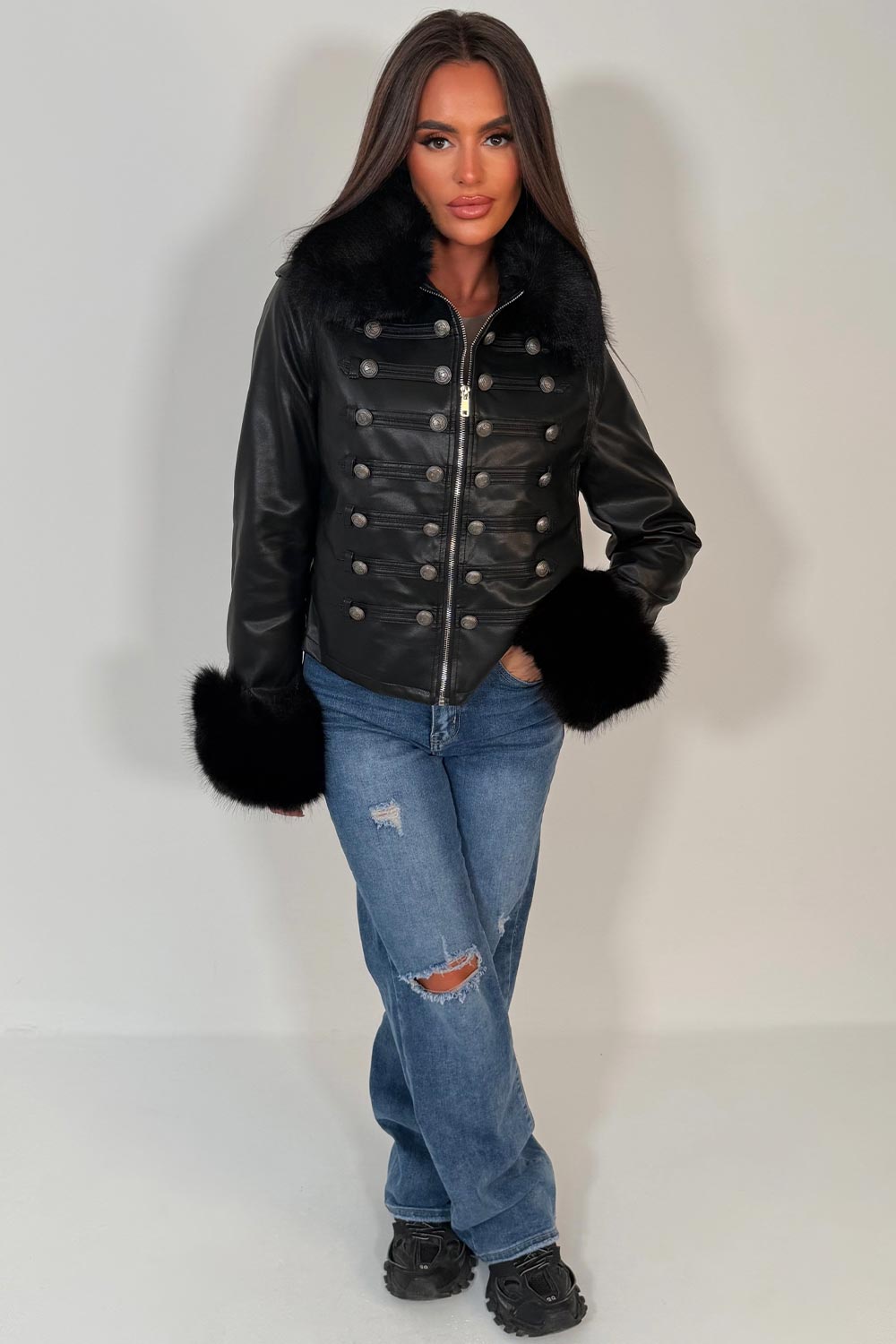 zara womens faux leather military jacket with fur cuff and collar styledup uk