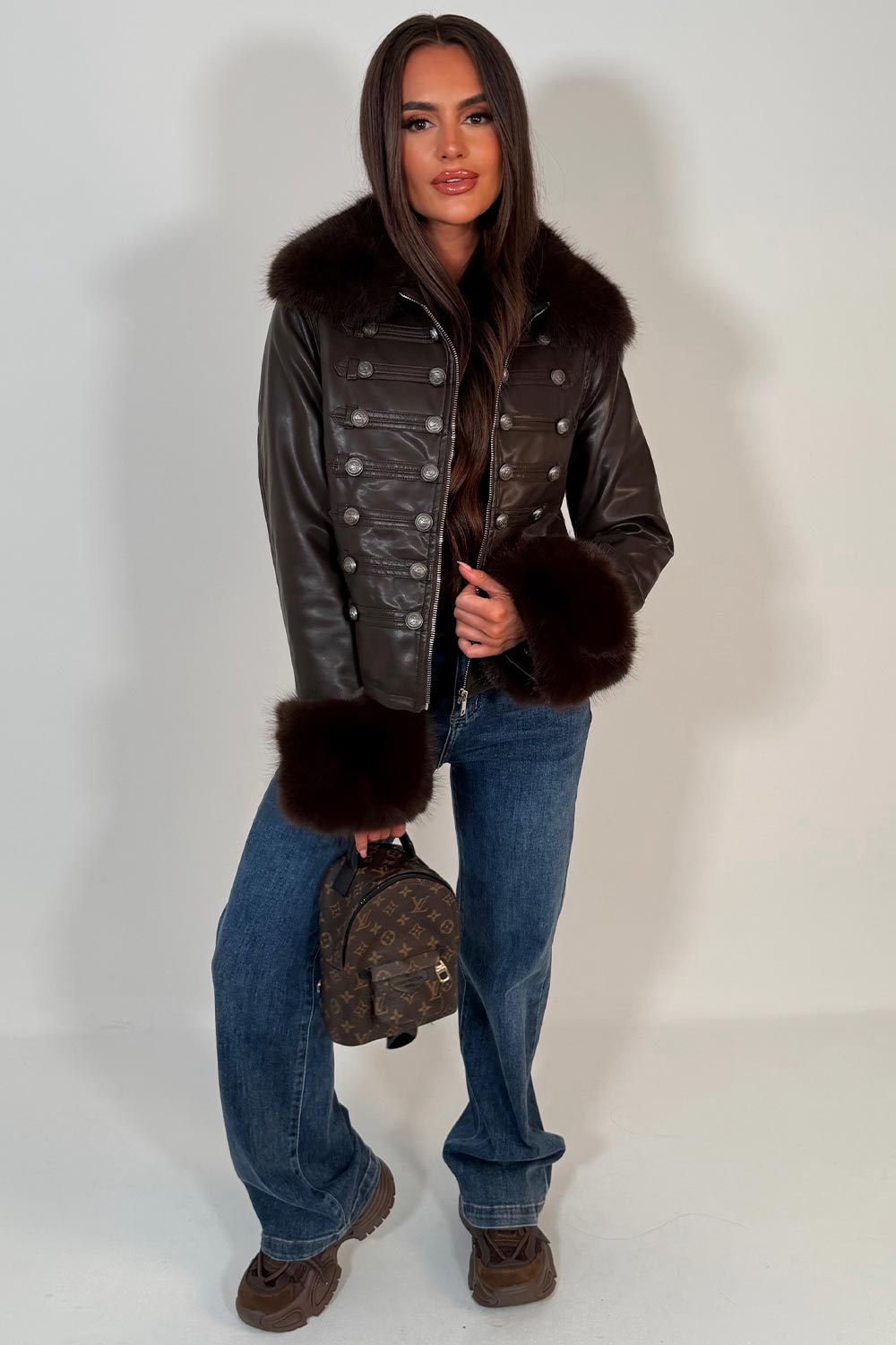 womens brown faux fur collar cuff faux leather military style jacket zara uk