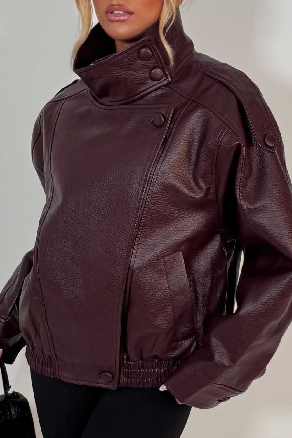 burgundy leather effect jacket with stand up collar zara uk sale